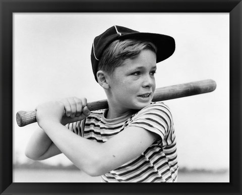 Framed 1930s Boy At Bat Wearing A Horizontal Striped Tee Shirt Print