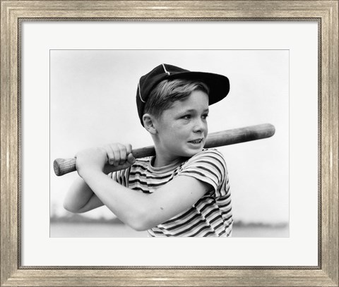 Framed 1930s Boy At Bat Wearing A Horizontal Striped Tee Shirt Print