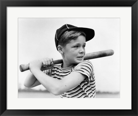 Framed 1930s Boy At Bat Wearing A Horizontal Striped Tee Shirt Print