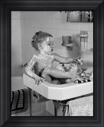 Framed 1940s Girl Sitting In Sink Lathered With Soap Print