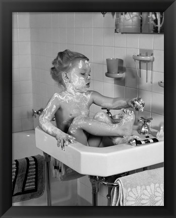 Framed 1940s Girl Sitting In Sink Lathered With Soap Print