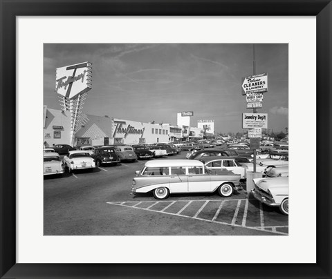 Framed 1950s Shopping Center Parking Lot Print