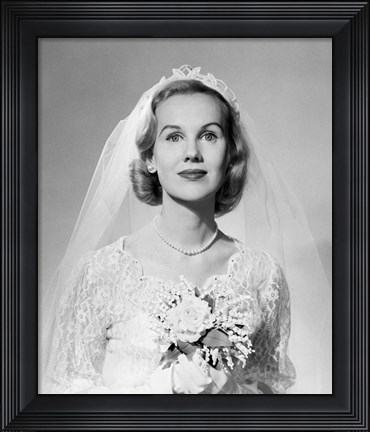 Framed 1950s Portrait Woman Bride Pearl Necklace Print