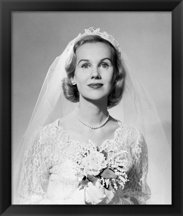 Framed 1950s Portrait Woman Bride Pearl Necklace Print