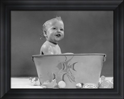 Framed 1940s 1950s Smiling Baby In Bath Tub Studio Indoor Print