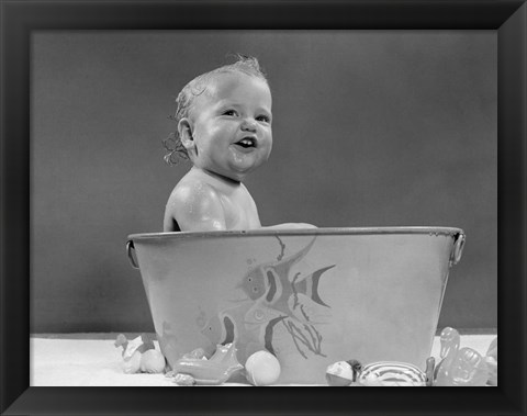 Framed 1940s 1950s Smiling Baby In Bath Tub Studio Indoor Print