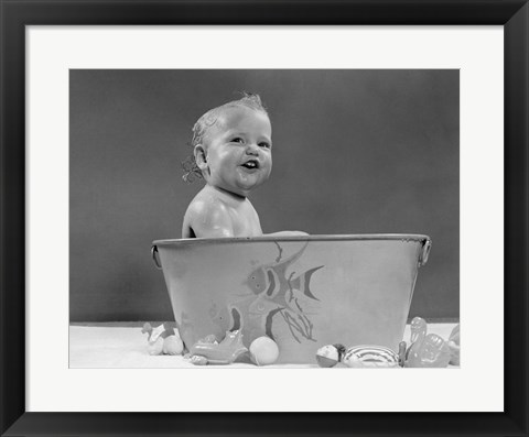 Framed 1940s 1950s Smiling Baby In Bath Tub Studio Indoor Print