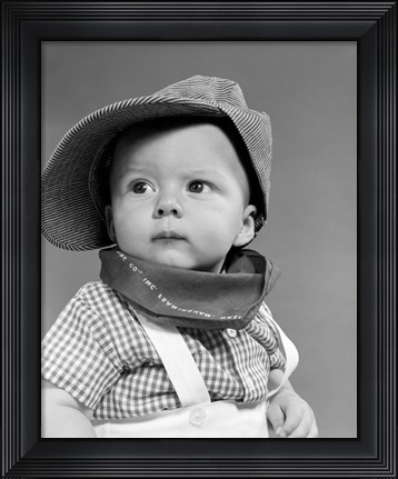 Framed 1950s Baby Head &amp; Shoulders Wearing Railroad Engineer Hat Print