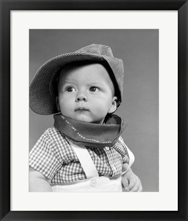 Framed 1950s Baby Head &amp; Shoulders Wearing Railroad Engineer Hat Print