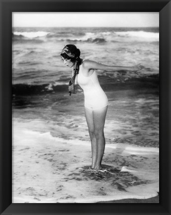 Framed 1920s Woman Wearing Bathing Suit &amp; Head Scarf Print