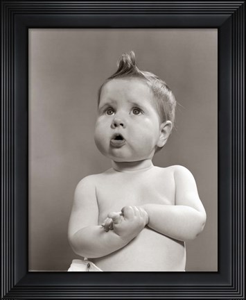 Framed 1950s Worried Baby Looking Up Uncertain Print