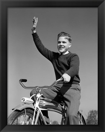 Framed 1940s 1950s Smiling Boy Riding Bike Waving Print