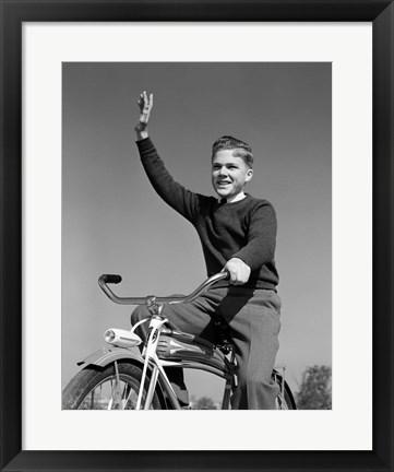 Framed 1940s 1950s Smiling Boy Riding Bike Waving Print