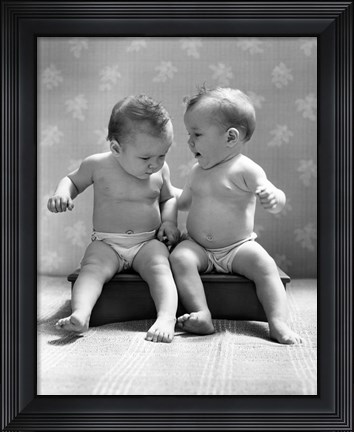 Framed 1930s 1940s Twin Babies Wearing Diapers Together Print