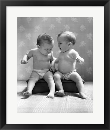 Framed 1930s 1940s Twin Babies Wearing Diapers Together Print