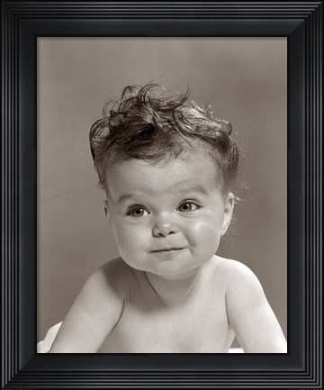 Framed 1950s Portrait Baby With Messy Curly Hair &amp; Straight Face Print