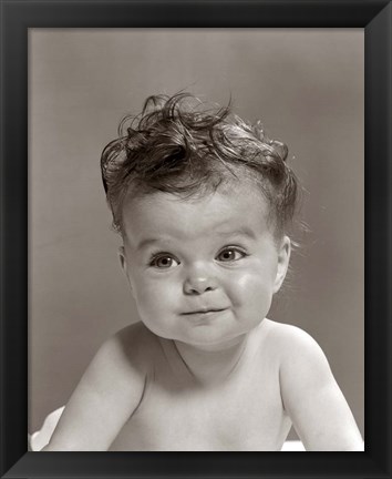 Framed 1950s Portrait Baby With Messy Curly Hair &amp; Straight Face Print