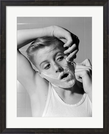 Framed 1950s 1960s Boy Shaving First Time Print