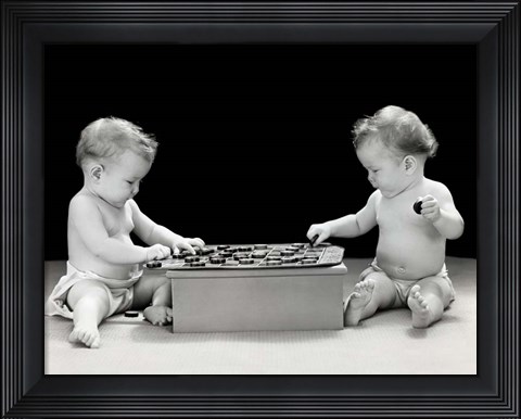 Framed 1930s 1940s Twin Babies Playing Game Of Checkers Print