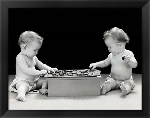 Framed 1930s 1940s Twin Babies Playing Game Of Checkers Print