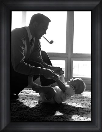 Framed 1950s Silhouetted By Window Light  Father Pipe In Mouth Print
