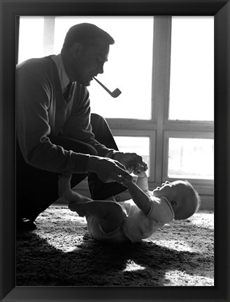 Framed 1950s Silhouetted By Window Light  Father Pipe In Mouth Print