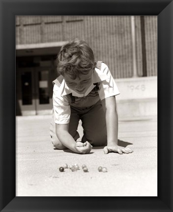 Framed 1950s Smiling Boy On School Yard Ground Playing Print