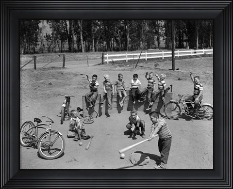 Framed 1950s 10 Neighborhood Boys Playing Sand Lot Baseball Print