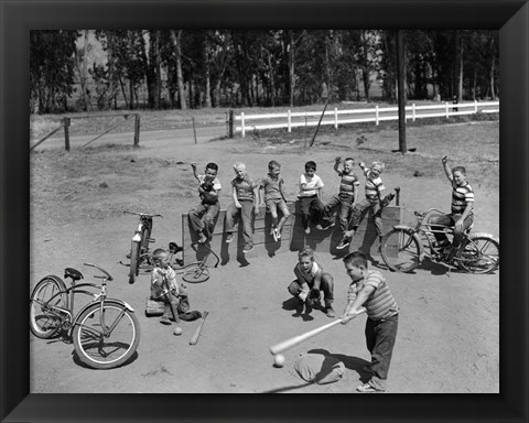 Framed 1950s 10 Neighborhood Boys Playing Sand Lot Baseball Print