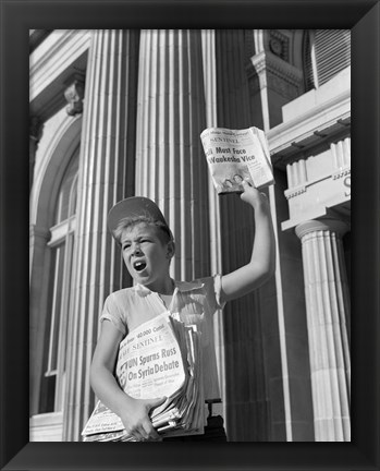 Framed 1960s Paperboy Hawking Selling Newspaper Print