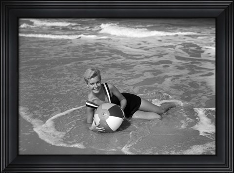 Framed 1960s Woman In Bathing Suit Lying In The Surf Print