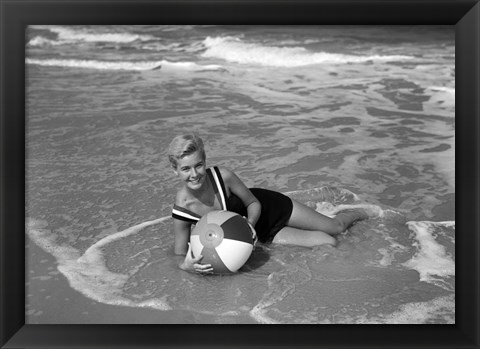 Framed 1960s Woman In Bathing Suit Lying In The Surf Print