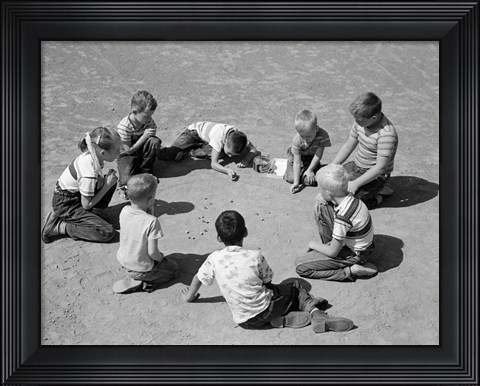 Framed 1950s Boys &amp; Girls Shooting Marbles Print