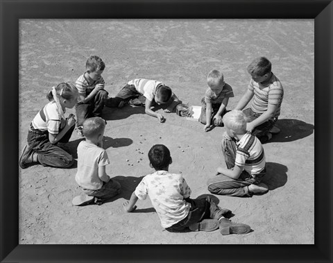 Framed 1950s Boys &amp; Girls Shooting Marbles Print