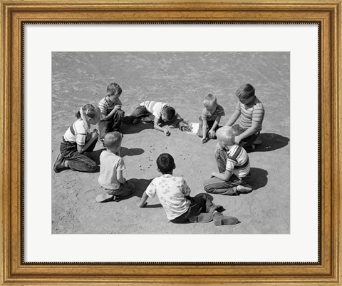 Framed 1950s Boys &amp; Girls Shooting Marbles Print