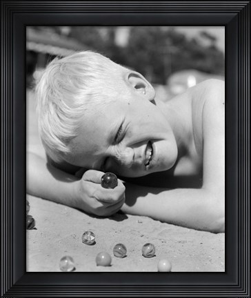 Framed 1950s Boy Crouching Shooting Marbles Print