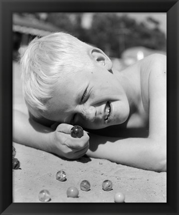 Framed 1950s Boy Crouching Shooting Marbles Print