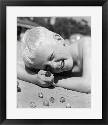 Framed 1950s Boy Crouching Shooting Marbles Print