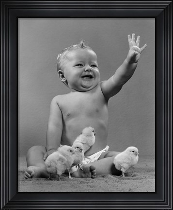 Framed 1950s Laughing Baby Surrounded By Little Baby Chicks Print