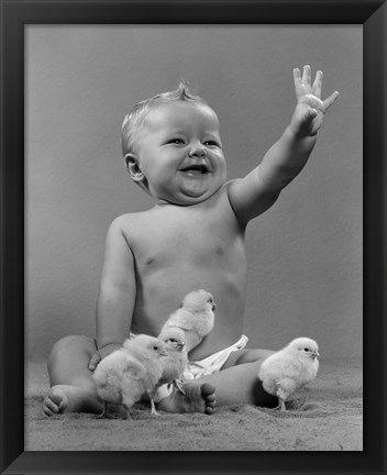 Framed 1950s Laughing Baby Surrounded By Little Baby Chicks Print