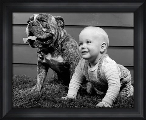 Framed 1950s 1960s Baby Seated Next To Bulldog In Grass Print