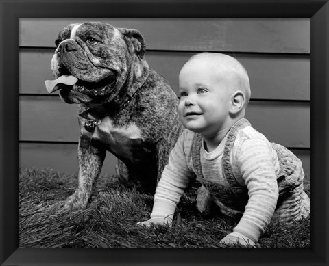 Framed 1950s 1960s Baby Seated Next To Bulldog In Grass Print