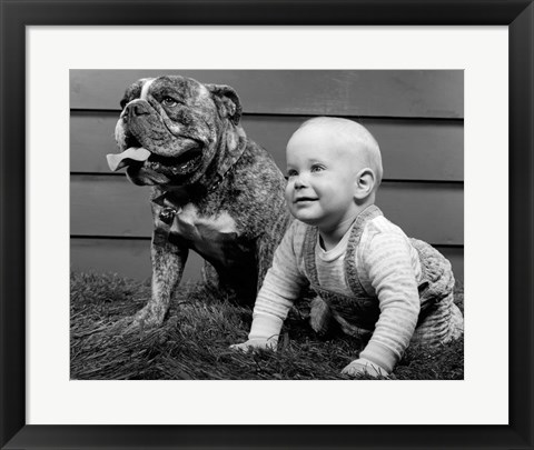 Framed 1950s 1960s Baby Seated Next To Bulldog In Grass Print