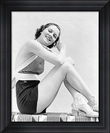 Framed 1930s  Smiling Brunette Woman Wearing Striped Halter Top Print