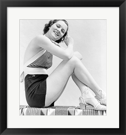 Framed 1930s  Smiling Brunette Woman Wearing Striped Halter Top Print