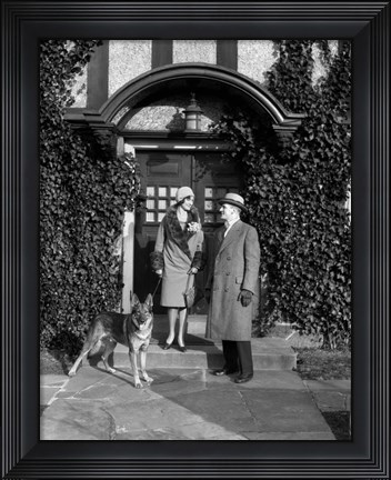 Framed 1920s Couple Wearing Coat Hat Gloves With German Shepherd Dog Print
