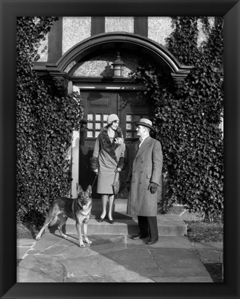 Framed 1920s Couple Wearing Coat Hat Gloves With German Shepherd Dog Print