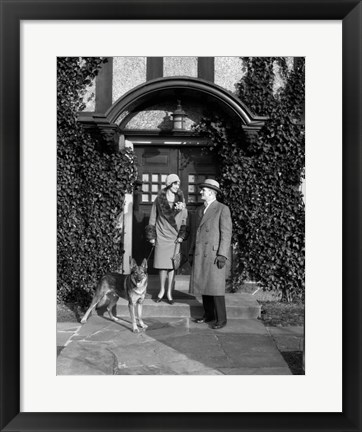 Framed 1920s Couple Wearing Coat Hat Gloves With German Shepherd Dog Print
