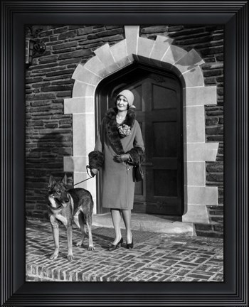Framed 1920s Woman Wearing Fur Coat With German Shepherd Dog Print
