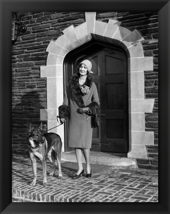 Framed 1920s Woman Wearing Fur Coat With German Shepherd Dog Print